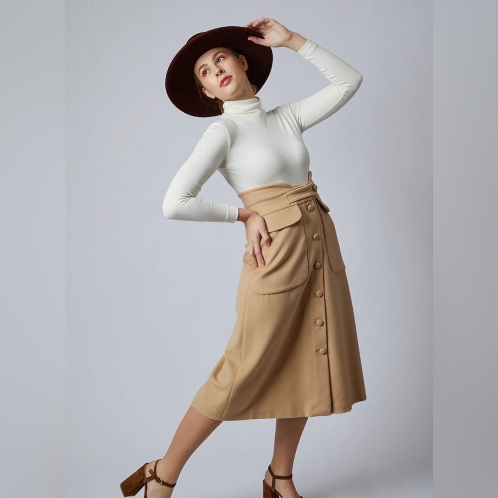 Behida Dolic Elegant Tan High-Waisted Button Front Wool Midi Skirt - Size L - Picture 3 of 13